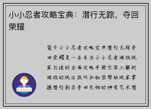 小小忍者攻略宝典：潜行无踪，夺回荣耀